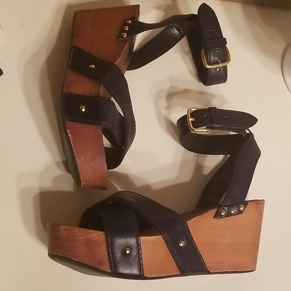 MIU MIU Black Wood Block Wedge Sandals